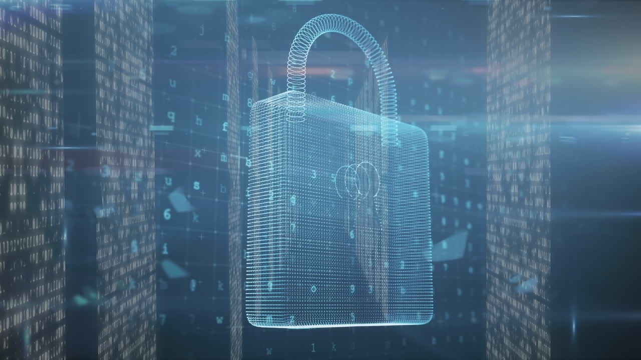 Animation of padlock with data processing in background