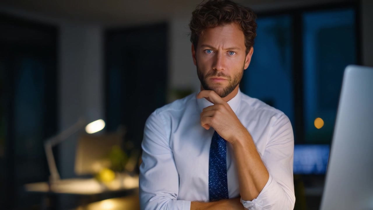 Un uomo contemplativo in camicia e cravatta formali riflette sui pensieri in un ambiente d'ufficio scarsamente illuminato, mostrando l'intensità della produttività focalizzata.