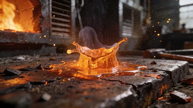 Rising molten metal droplet being heated by furnace, collapsing to crown splash on slab in workshop