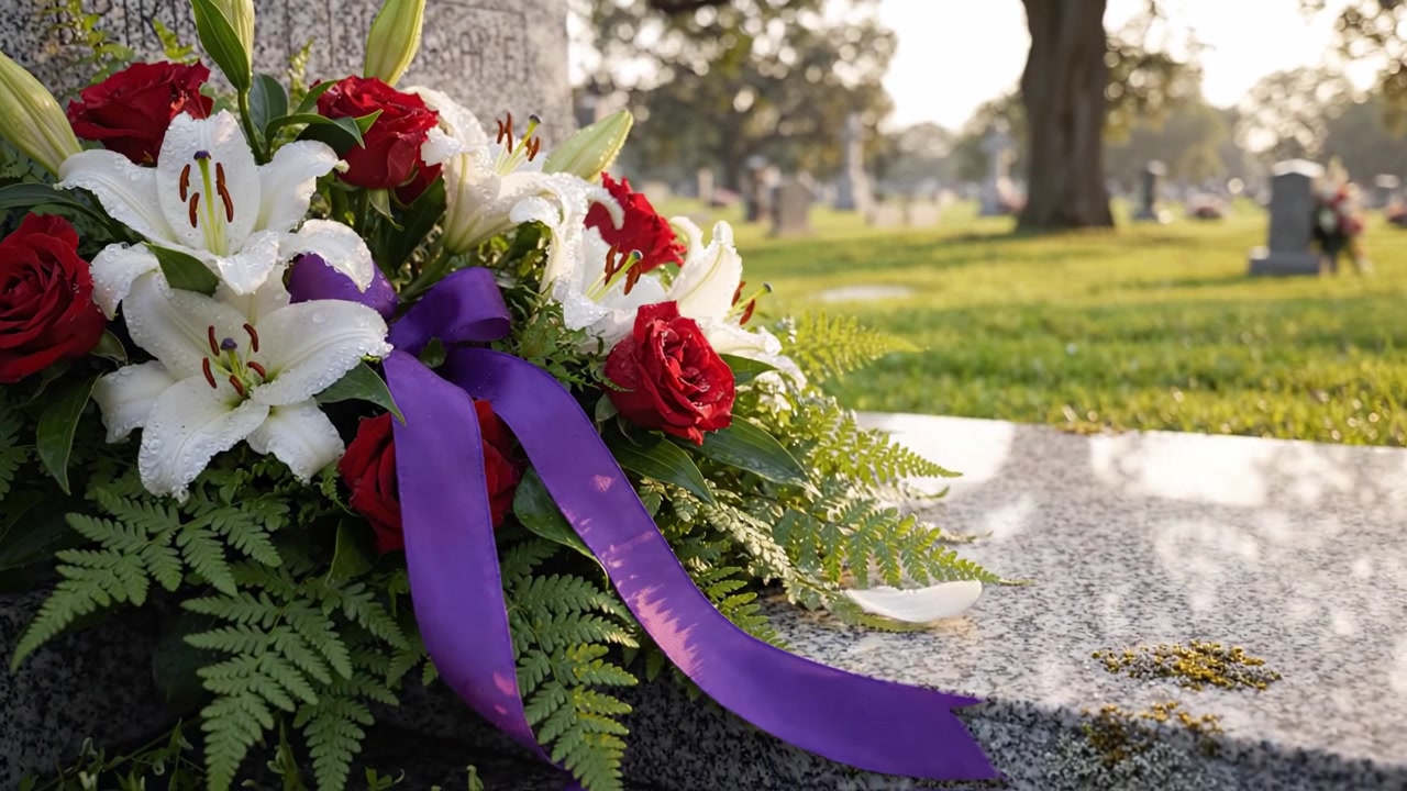 Una bellissima composizione floreale che adorna una tomba, commemorando una persona cara con eleganza e rispetto, circondata da un'ambientazione pacifica di cimitero al tramonto.