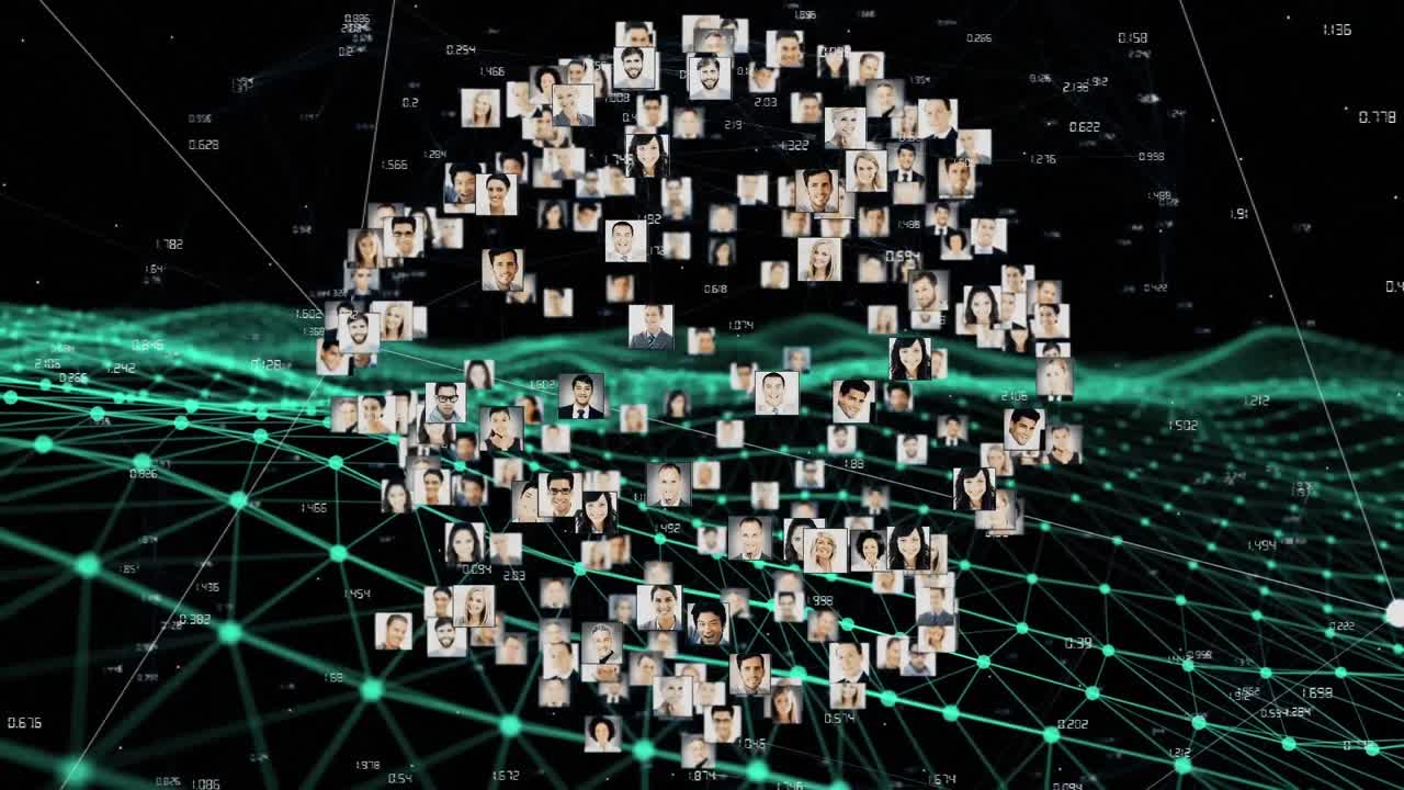 iconos de perfiles múltiples que forman un globo contra las ondas digitales