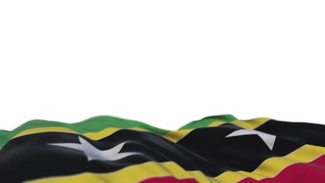 bandera de tela de saint kitts y nevis ondeando en el bucle del viento. bandera de tela cosida y bordada de saint kits y nevis balanceándose en la brisa. fondo blanco medio lleno. lugar para el texto. bucle de 20 segundos.
