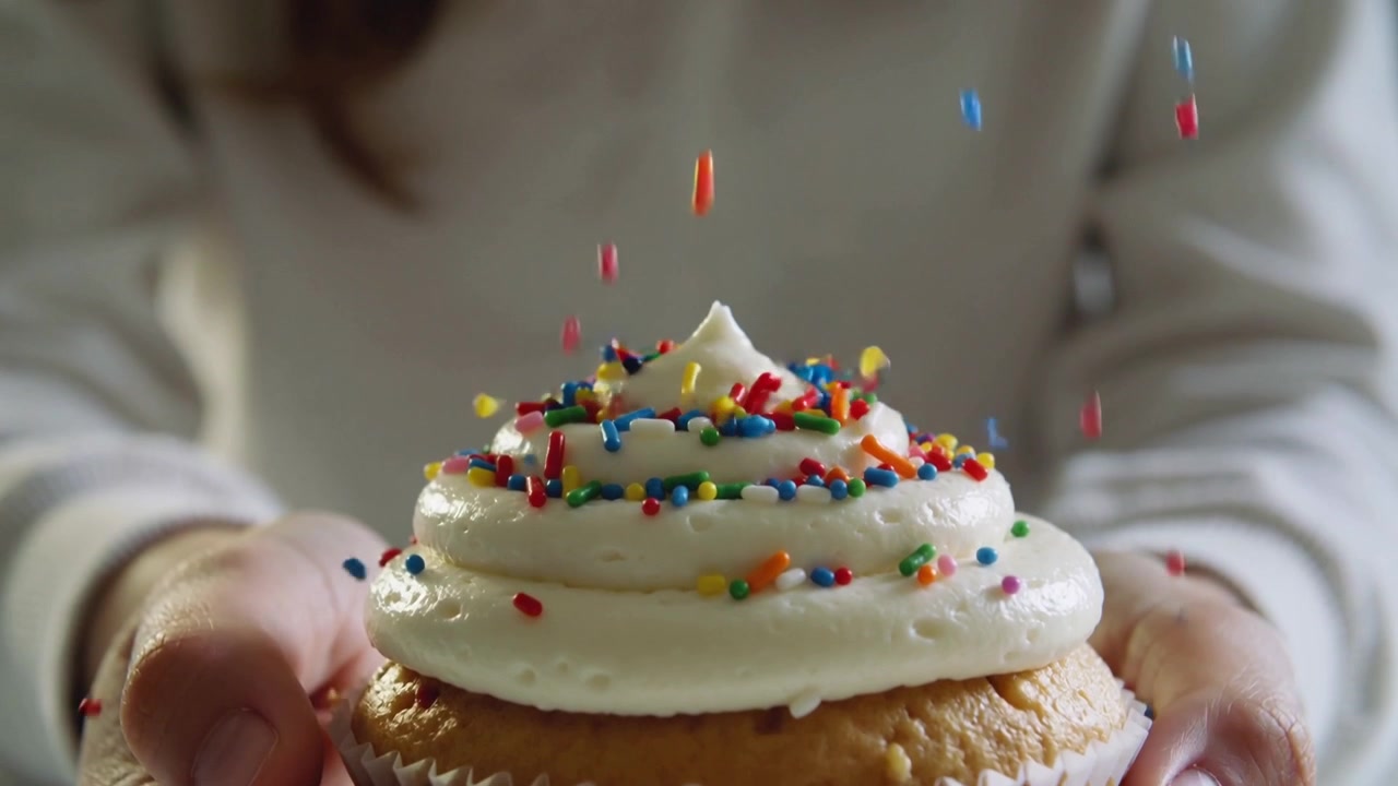 Ragazza che sparge codette su un cupcake glassato con pirottino, tenendo il cupcake e indossando un top chiaro, mentre lo decora.