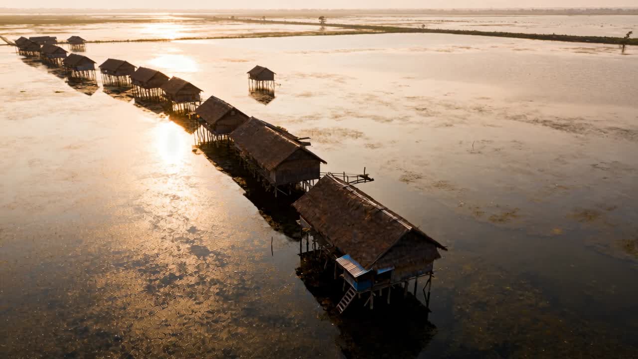 Launching drone moving along diagonal row of stilt huts over tidal lagoon capturing sun reflection
