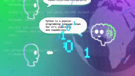 animation of ai text, icons and data processing over globe