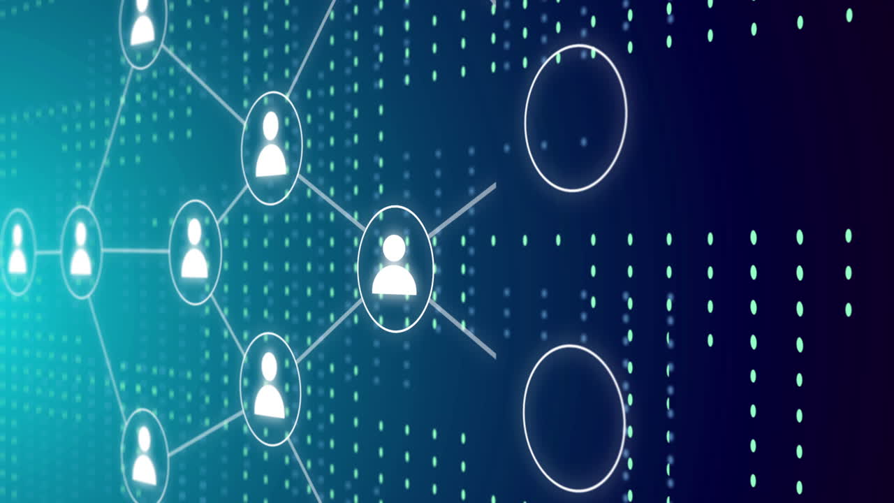 Animation of network of connections with media icons over spots on blue background