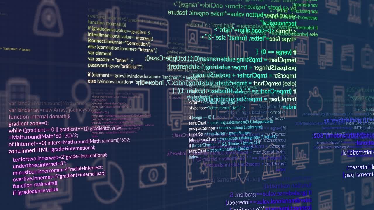 Yellow code block appearing over icon grid initiating rotating panels visualizing finance data