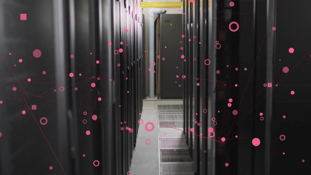 Vertical video: Cam moving forward down IT aisle pink nodes drifting across racks visualizing data