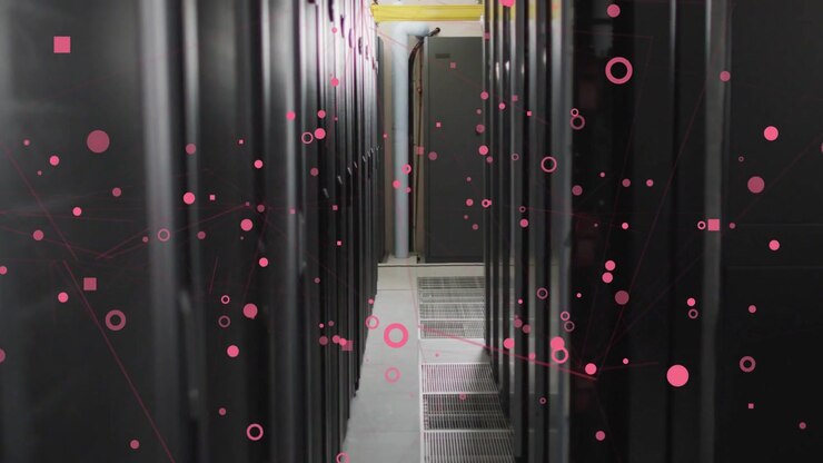 Vertical video: Cam moving forward down IT aisle pink nodes drifting across racks visualizing data
