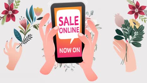animation of sale online now on text on smartphone over flowers moving in hypnotic motion