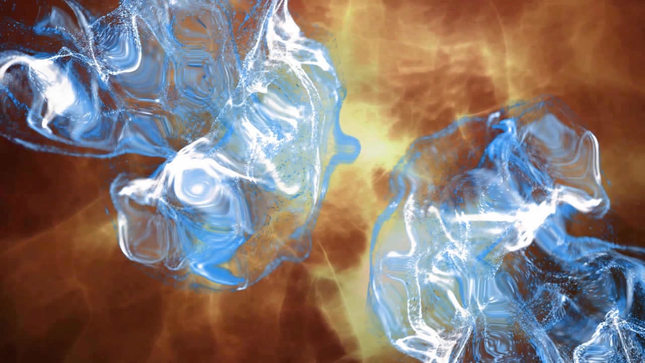 Translucent blue fluid shapes floating in cosmic 3D render with brown orange nebula backdrop
