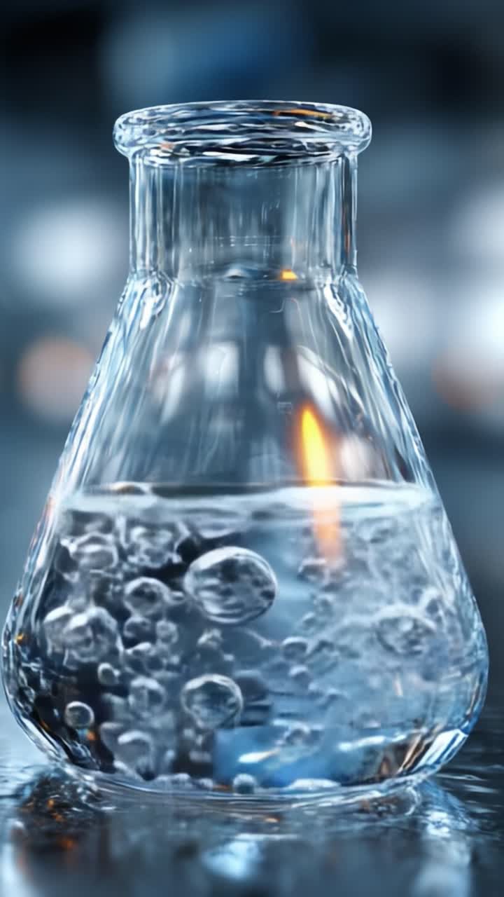 Affascinante primo piano di un matraccio di vetro con bolle e acqua, illuminato da una fiamma tenue, che mostra la bellezza della chimica in azione.