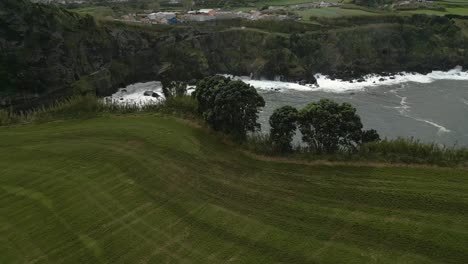 aérea sobre el acantilado con el campo de prado revelando la bahía de la isla volcánica, azores