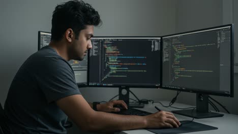 focused programmer working on code in a dimly lit room with multiple monitors displaying complex programming tasks and colorful syntax highlights