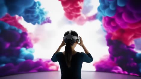a woman interacts with stunning digital art in a state-of-the-art virtual reality setup. colorful patterns swirl around her, creating an engaging atmosphere for exploration.