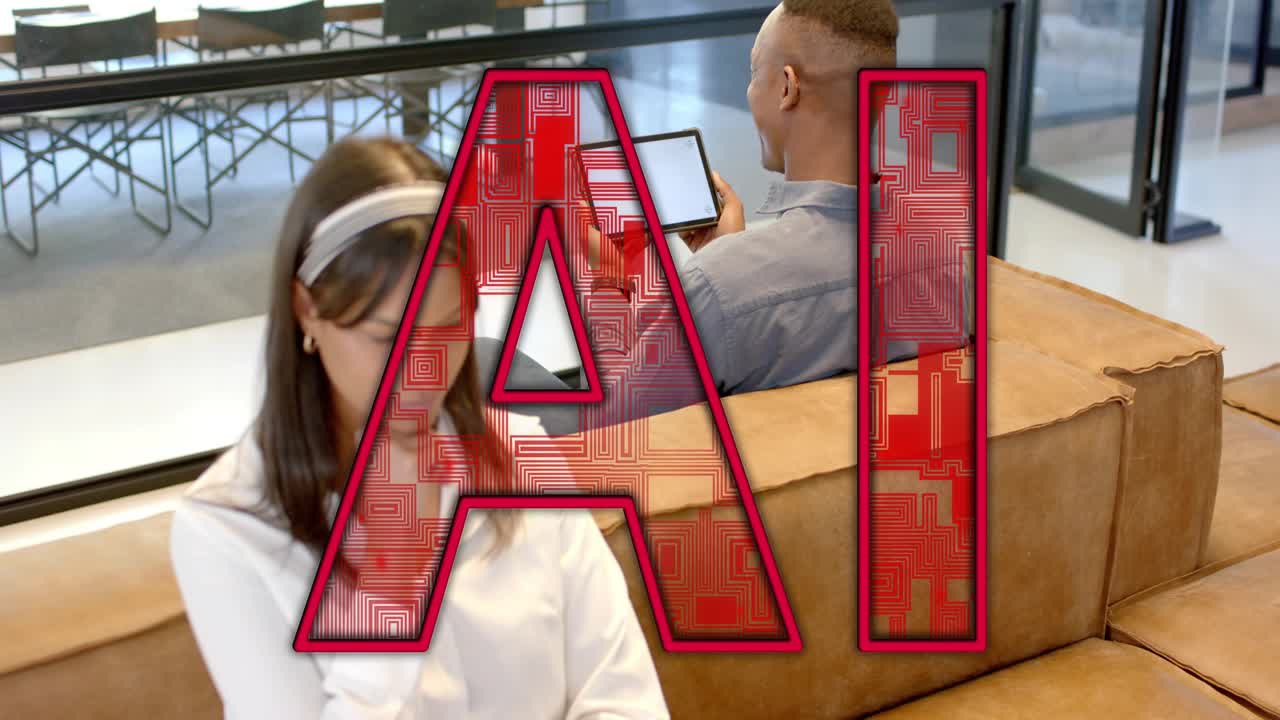 Man tapping tablet and woman adjusting blouse for technology demo, animated red AI overlaying