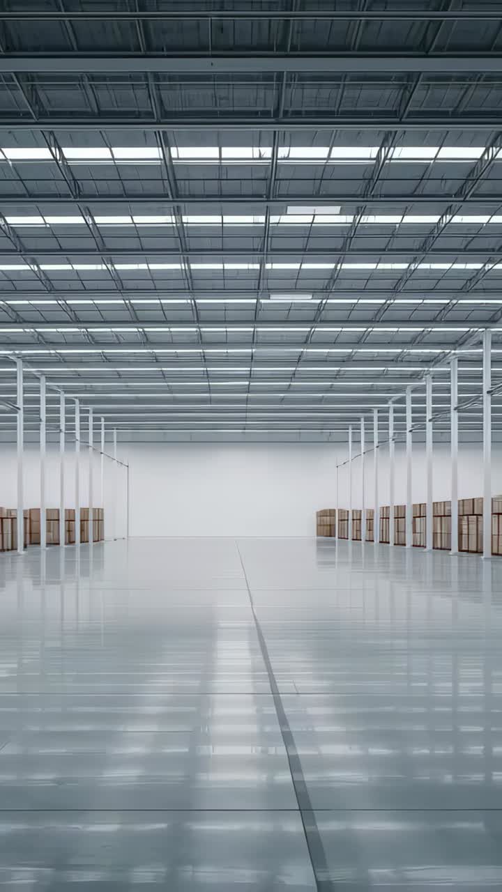 Vertical video: Camera moving through depot aisle to reveal storage layout seam columns crates