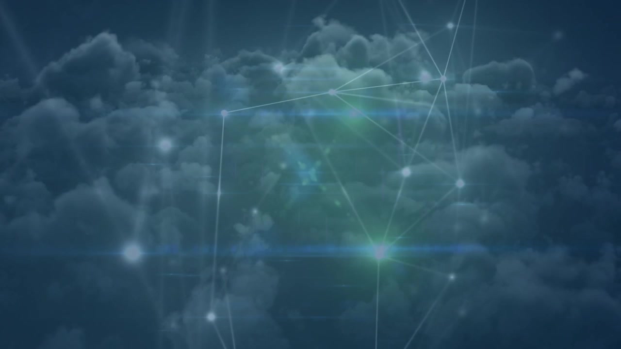 Glowing network of connections spinning over clouds in the sky