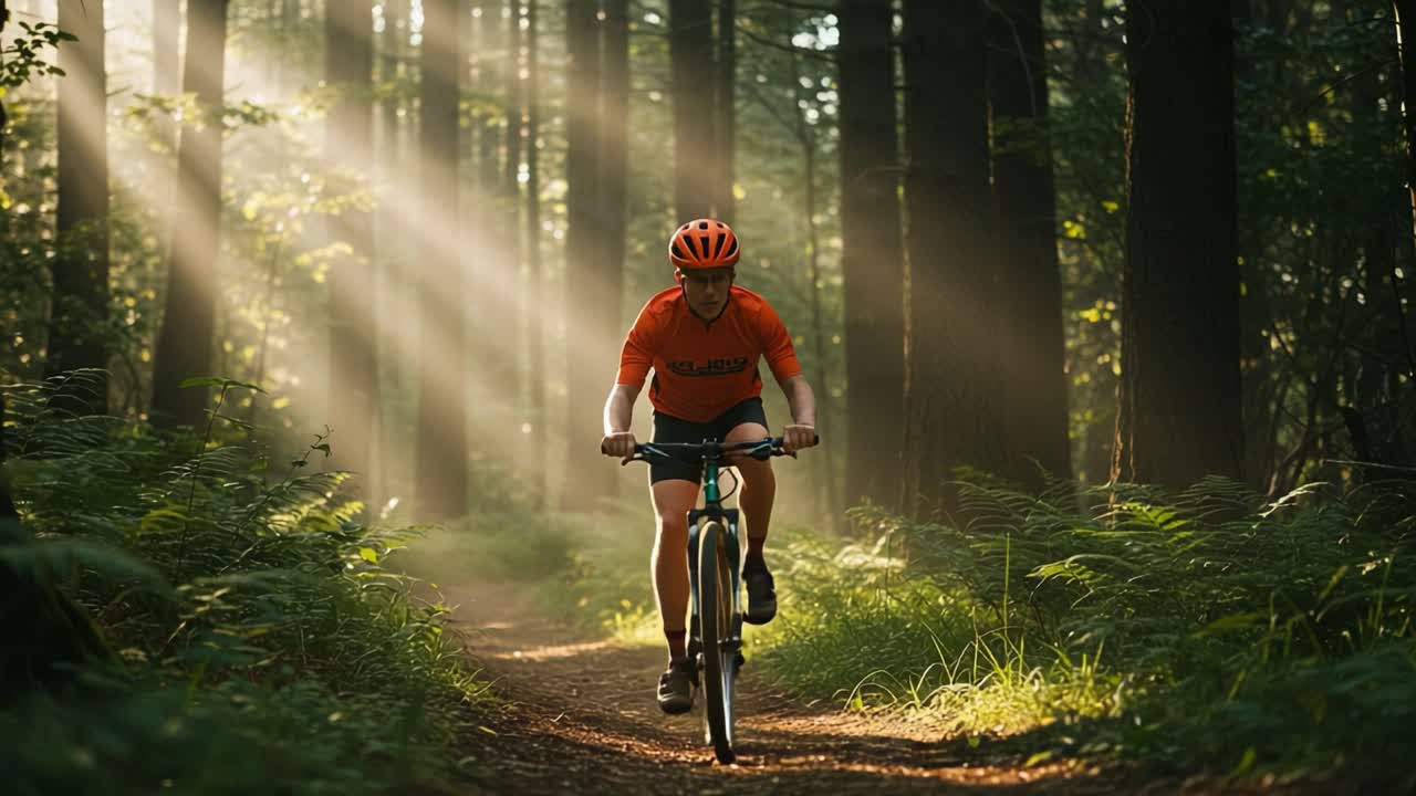 En mountainbiker navigerer gennem en fredfyldt skovsti badet i sollys, hvilket giver energi og fremhæver naturens skønhed i bevægelse.