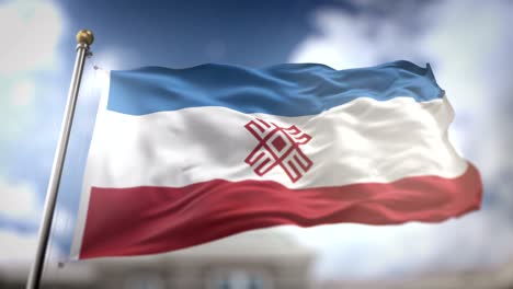 mari el flag waving slow motion 3d rendering blue sky background - seamless loop 4k