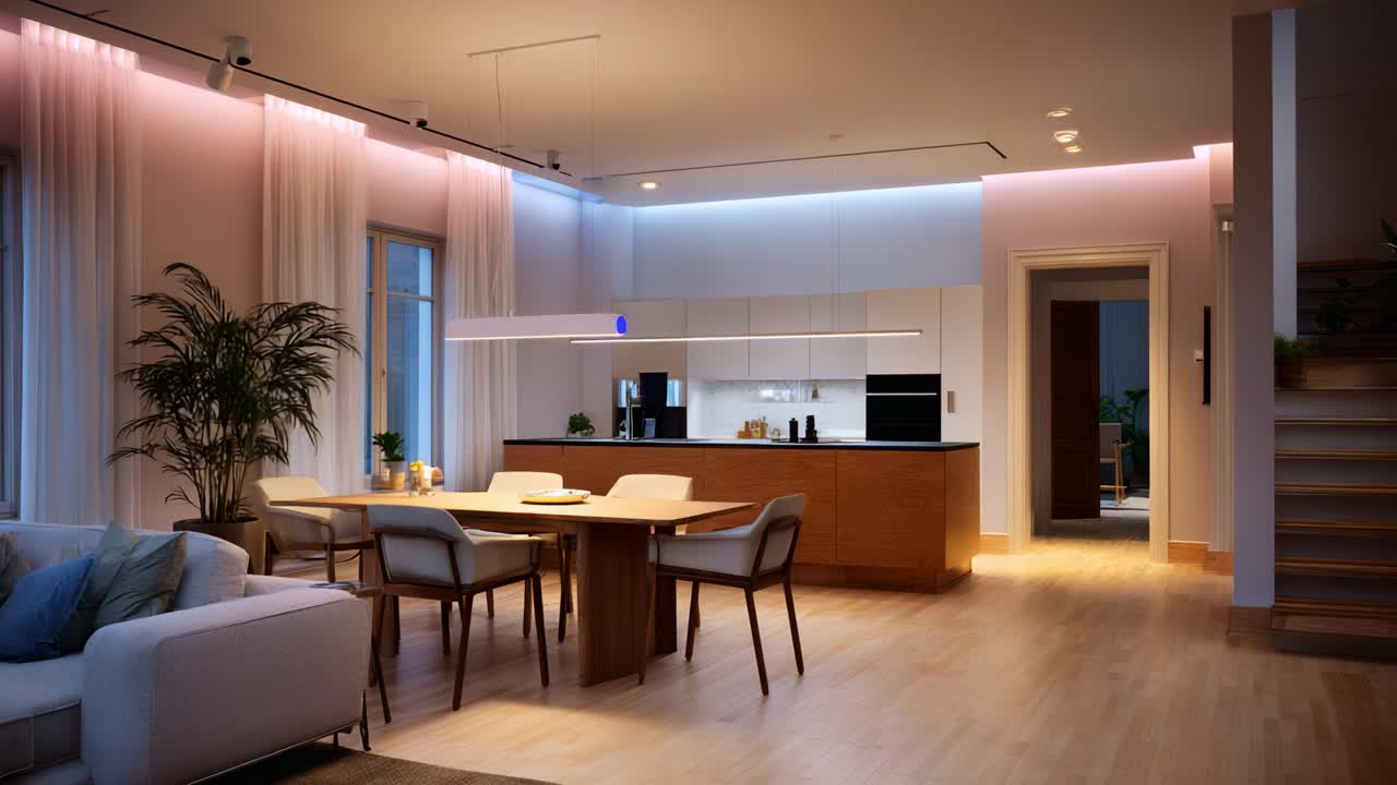 Modern Bright Interior Design of a Cozy Dining Area Featuring Elegant Furniture, Soft Lighting, and a Contemporary Kitchen Ambiance in a Welcoming Home Setting