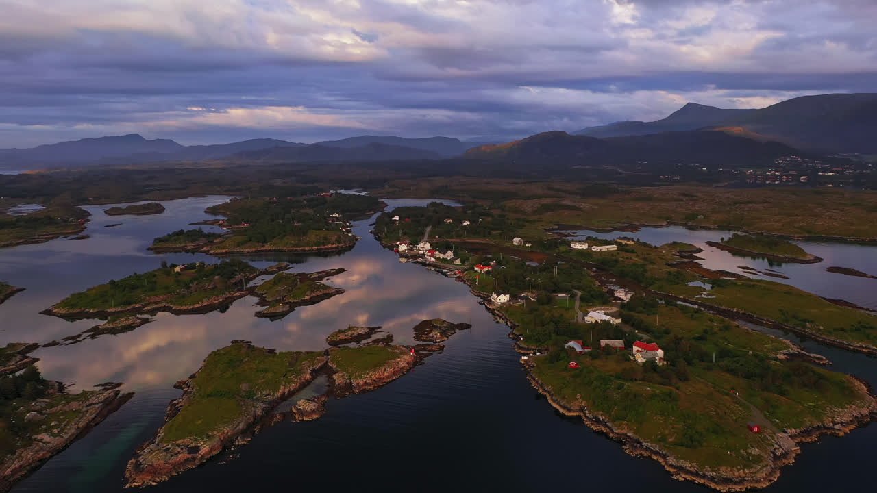 Aerial view around a town on Rangoya island, summer sunset in Kristansund, Norway