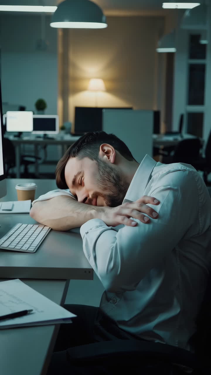 un hombre de negocios cansado durmiendo en su escritorio.