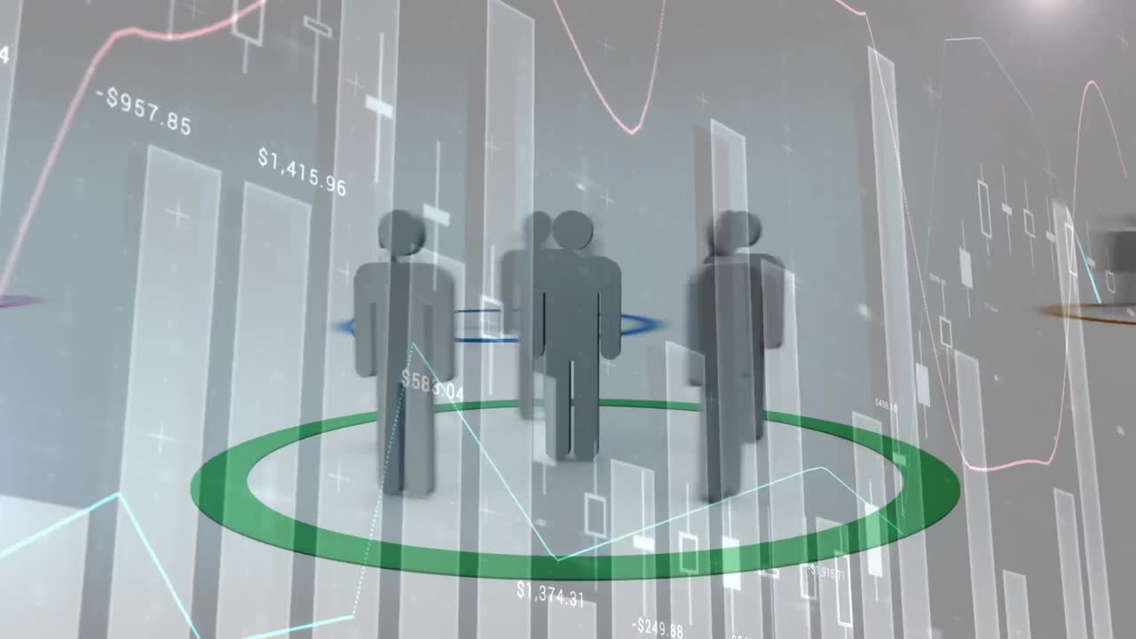 Animation of network of connections with people icons and financial data processing