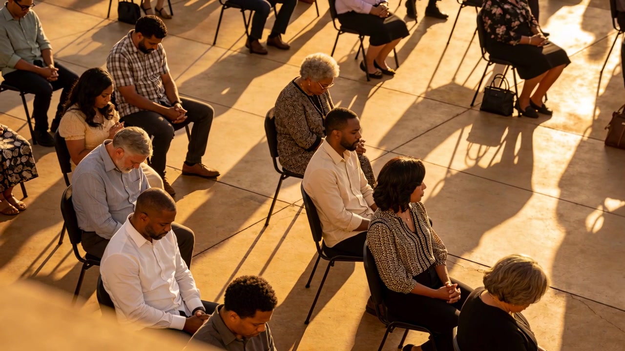 Panning camera capturing attendees in business wear sitting and checking phones on terrace at event