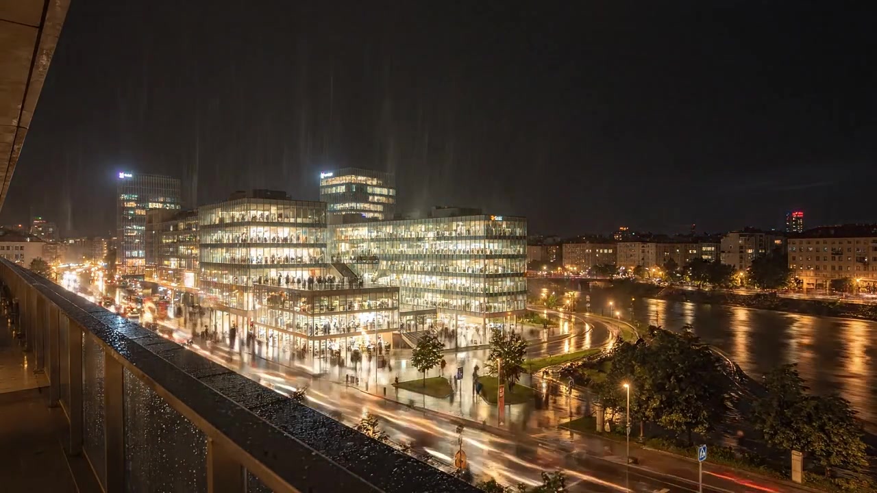 Uma Paisagem Urbana Serena ao Anoitecer: Edifícios Iluminados Refletindo na Água Contra um Cenário de Noite Chuvosa com Vestígios de Vida Urbana e Tráfego em Movimento