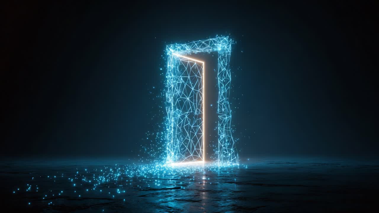 An Enigmatic Digital Portal: A Stunning Visual Representation of a Glowing Futuristic Doorway Emanating Subtle Sparks and Dynamic Energy in a Dark Environment