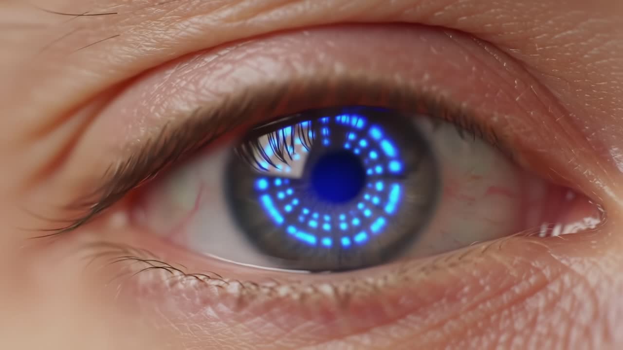A Close-Up of a Futuristic Eye Displaying a High-Tech Blue Circular Interface, Merging Science Fiction with Realistic Human Anatomy in Stunning Detail