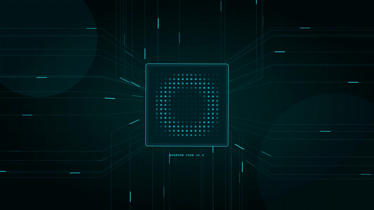 Digital kvantekerneprocessor med pulserende datavisualisering.
