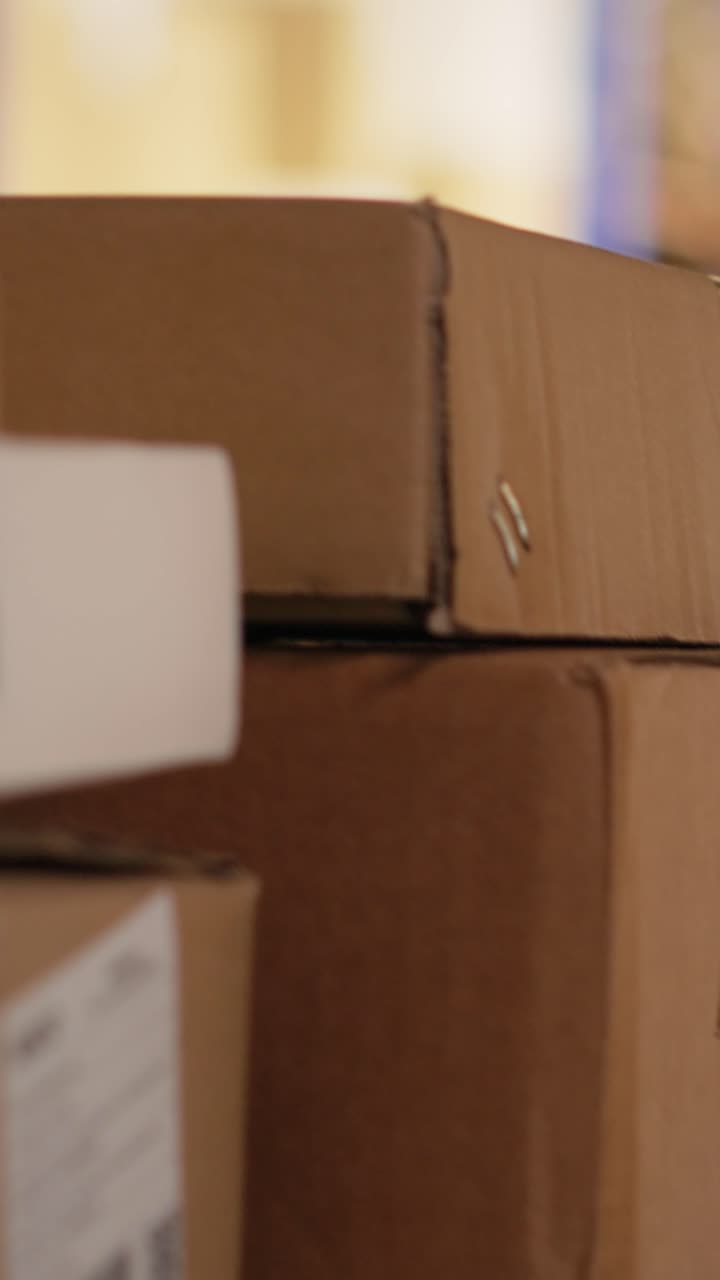 Vertical Video African american woman using scanner to register barcodes tags in inventory