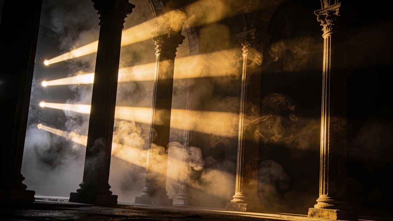 Fasci di luce dorata si riversano da fessure a sinistra, illuminando una foschia fluttuante tra colonne ornate in una sala.