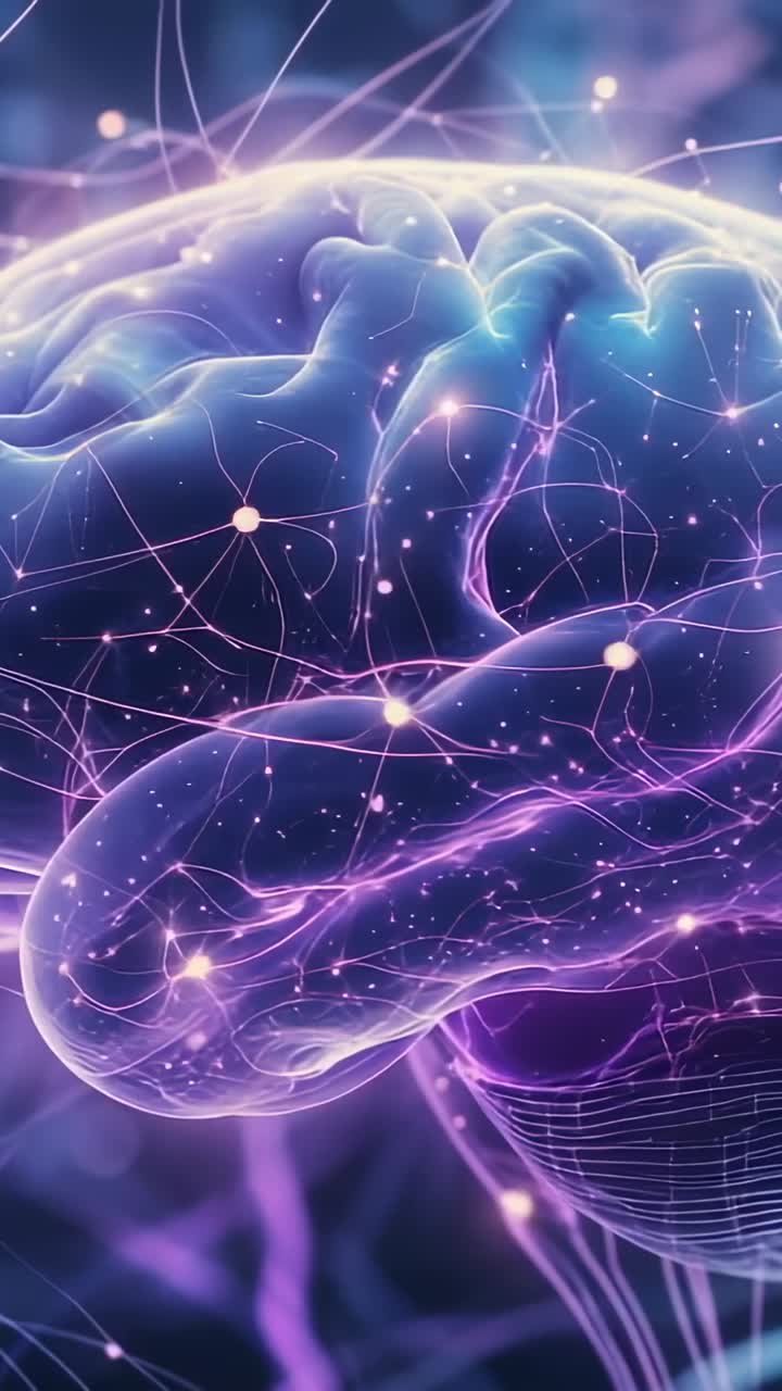 Vertical video: Looping brain model emitting pulses along filaments in digital space, glowing nodes