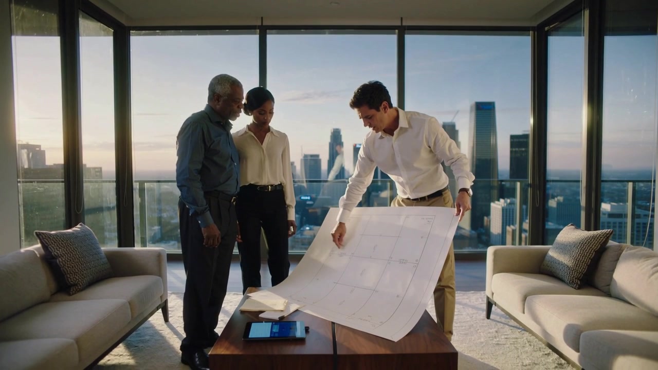 Agente con camisa blanca señalando y explicando un plano a clientes en un apartamento al atardecer.