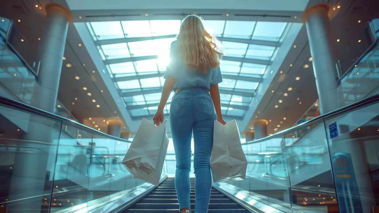 Shopping at a modern mall. A woman carries shopping bags while moving up an escalator in a bright, busy shopping mall