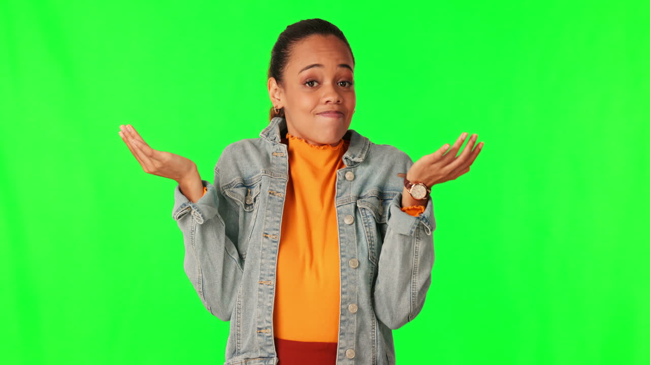 Choice, shrug and a confused woman on a green