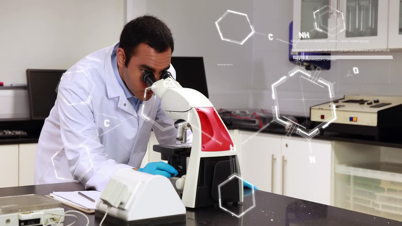 Lab tech placing slide leaning into scope focusing noting with hexagons moving over right for R and