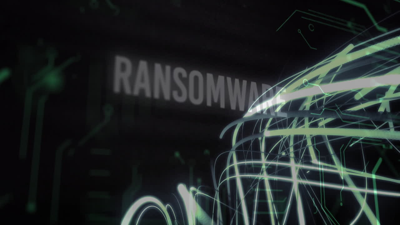 Ransomware text and digital lines animation over dark background