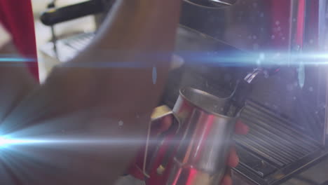 animation of light spots over biracial man using coffee machine