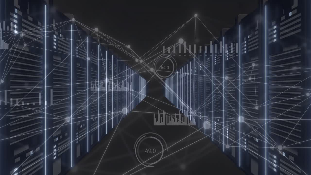 Animation of network of connections and data processing over computer servers