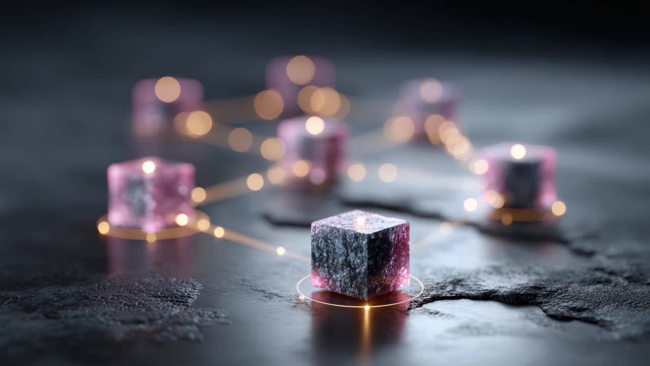 Abstract Visualization of a Connected Network through Glowing Crystals, Showcasing Dynamic Interactions and Interconnected Structures in a Dark and Textured Environment