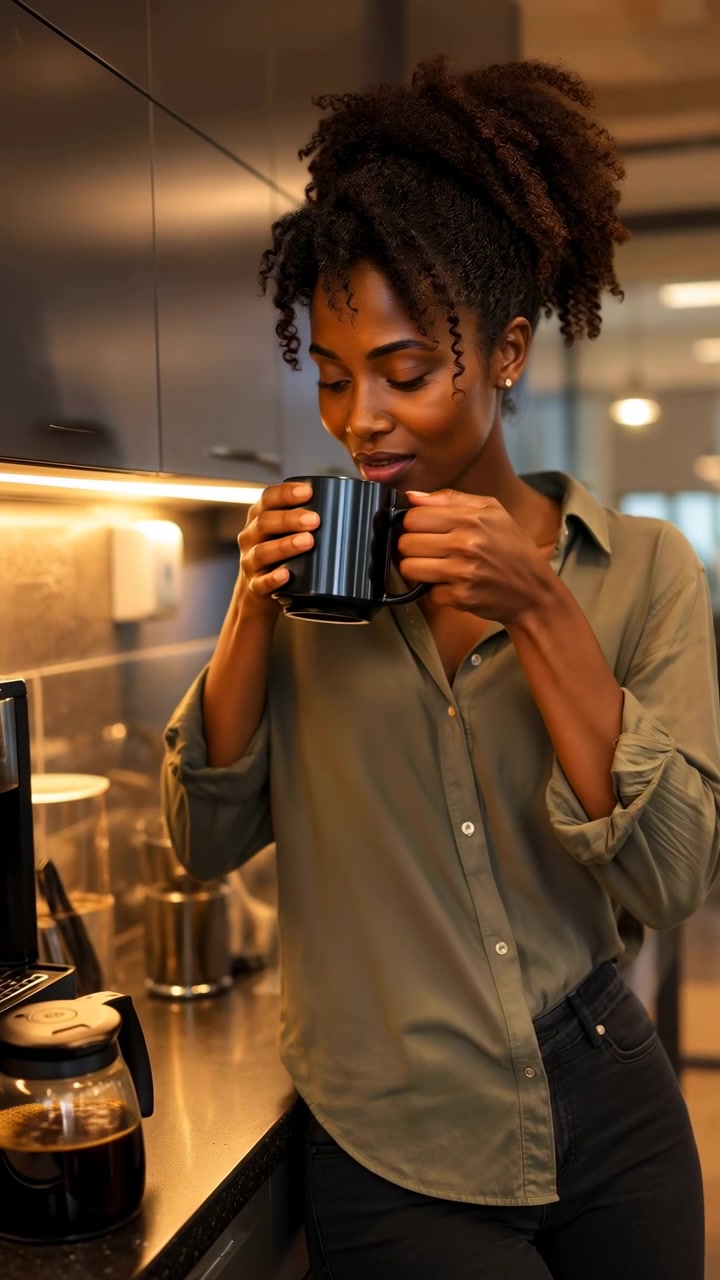 Jovem mulher em uma copa de escritório moderna serve café coado de uma jarra de vidro em uma caneca de cerâmica preta, então levanta a caneca para cheirar e beber um gole durante uma pausa tranquila no trabalho ao lado de superfícies quentes e reflexivas