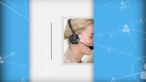 animación de la red de conexiones con iconos sobre el hombre de negocios usando auriculares de teléfono