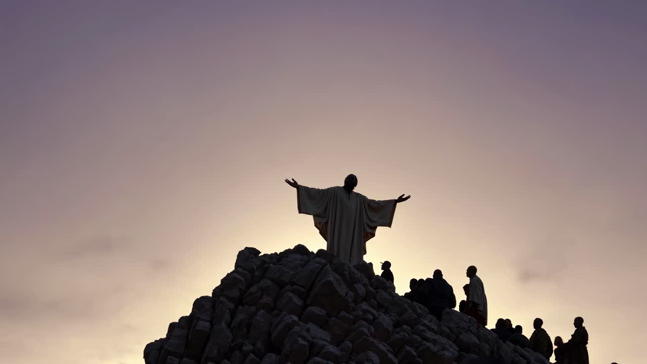 Silhouette of a figure with outstretched arms on a rocky hill at sunset, viewed from a low angle