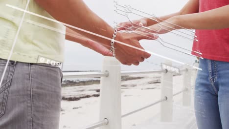 animation of data processing over diverse couple holding hands by sea