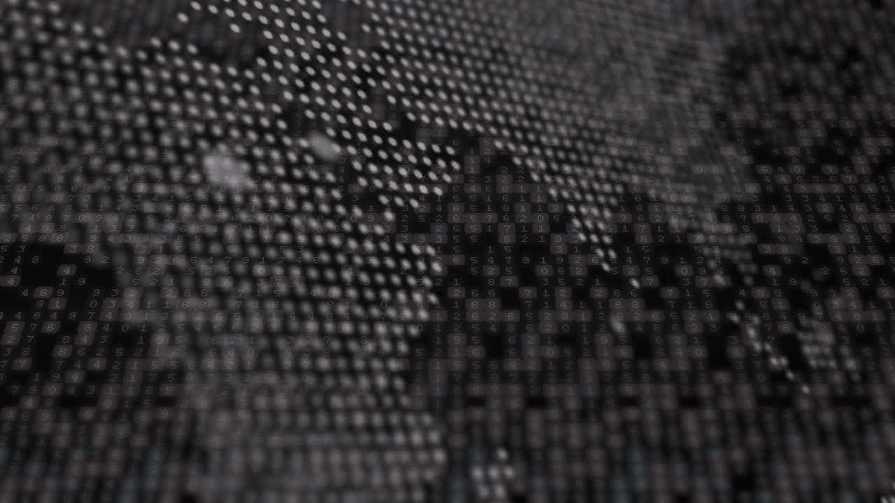 Animation of world map and data processing over moving columns on black background
