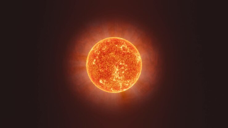 3D animation showing a detailed shot of the Sun with gas shooting out